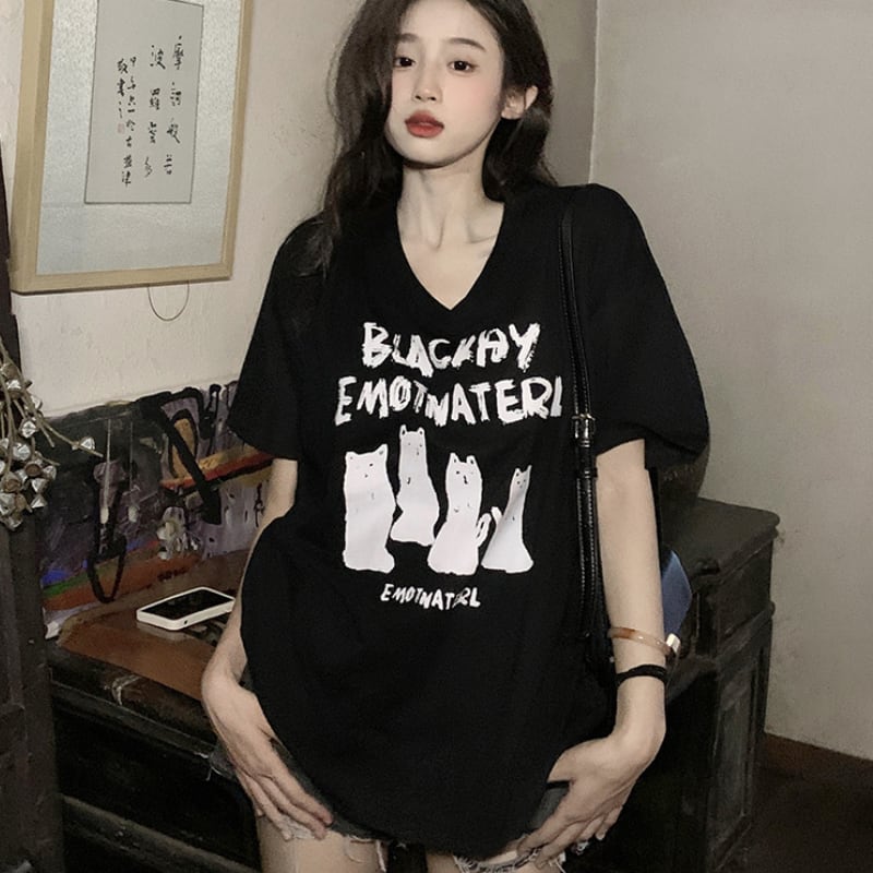 【BAYSIDE】バイカラー ポップ プリント ルーズ Tシャツ 黒 USA製