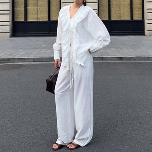 Setup Vneck Shirt Casual Wide leg Pants 125412