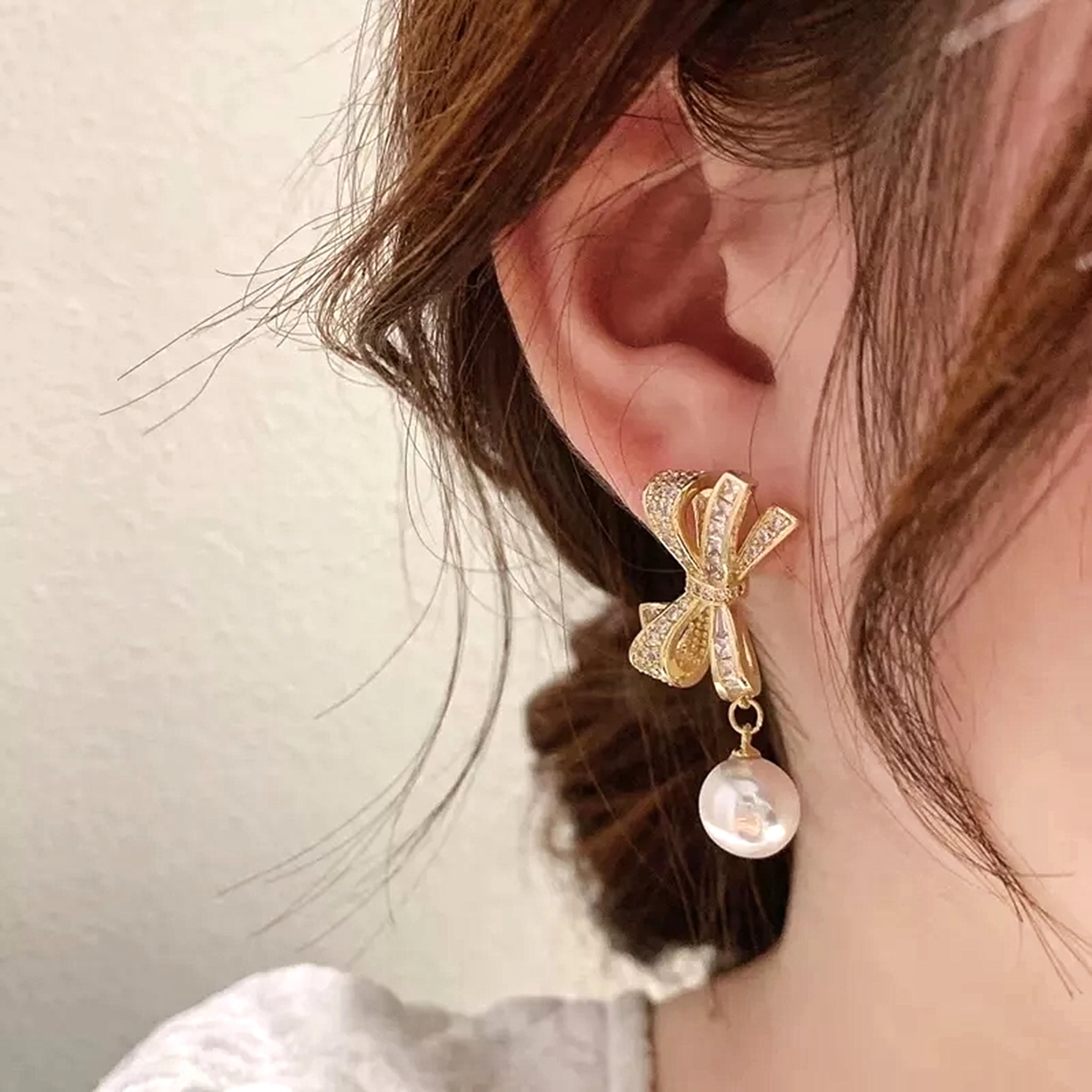 14kgp S925 zirconia ribbon pearl pierce ジルコニアリボンパール