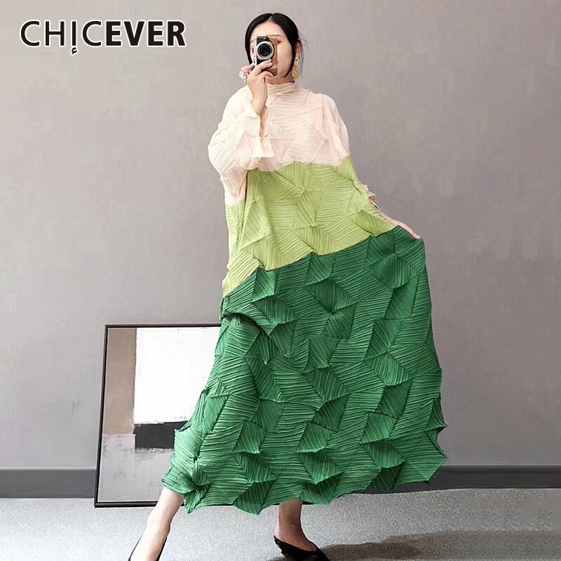 CHICEVERパッチワークヒットカラーレディースドレススタンドカラー長袖オーバーサイズルーズマキシドレス2020服 ロング 6base54059818034