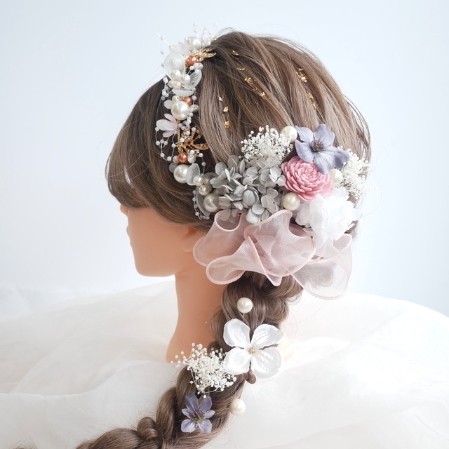 E28 パールカチューシャ　髪飾り　成人式　卒業式　袴　振袖　結婚式　ドライフラワー