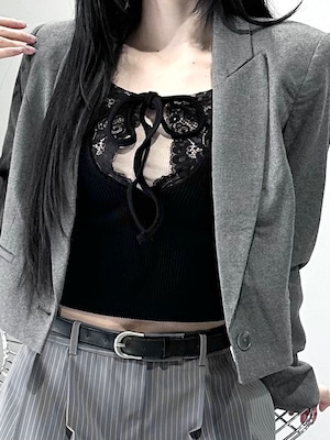 ribbon lace swiching short tops / black