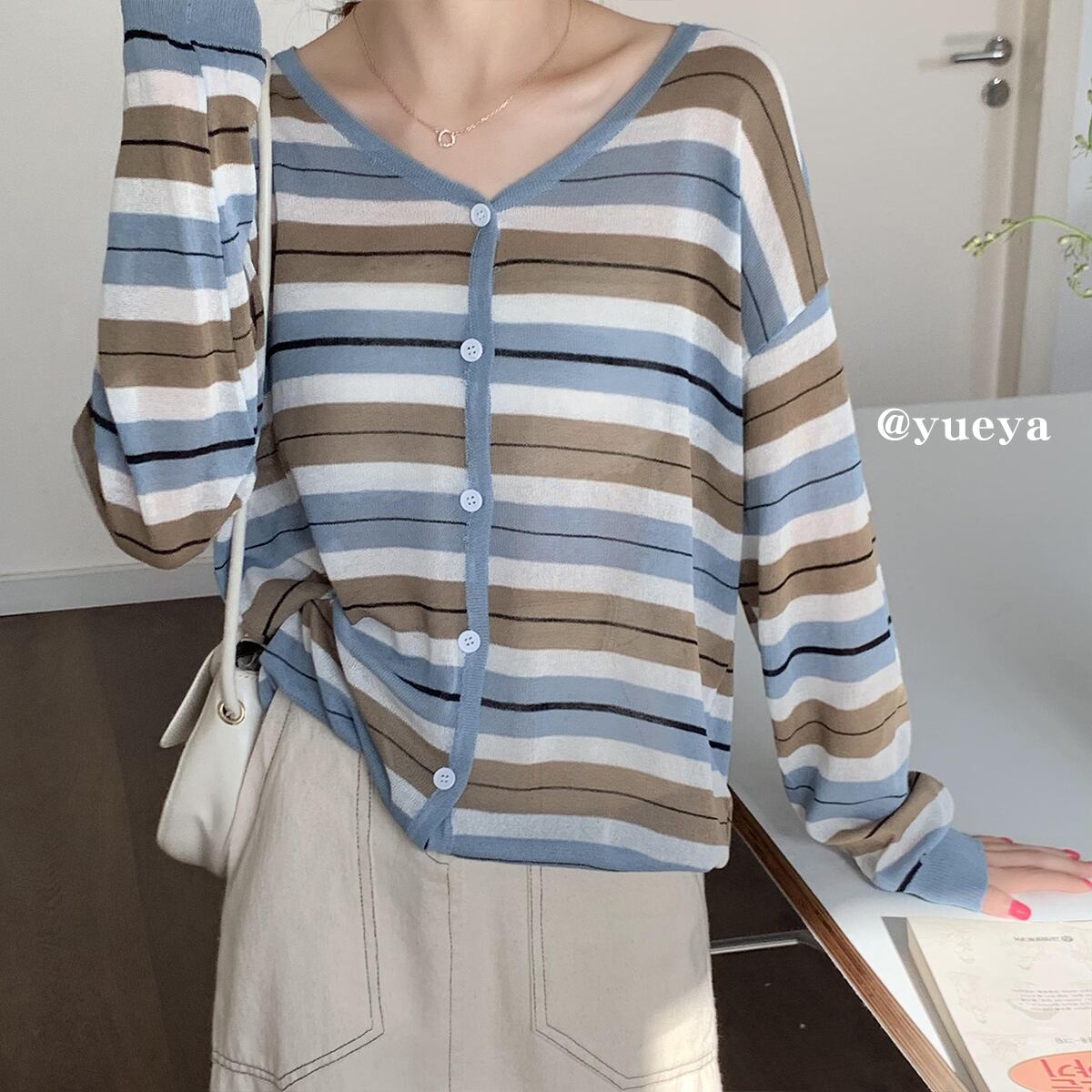 ストライプ長袖スリーブTシャツ サマールーズ薄手カーディガンジャケット ロング 夏物 クレセントシティ18821899043