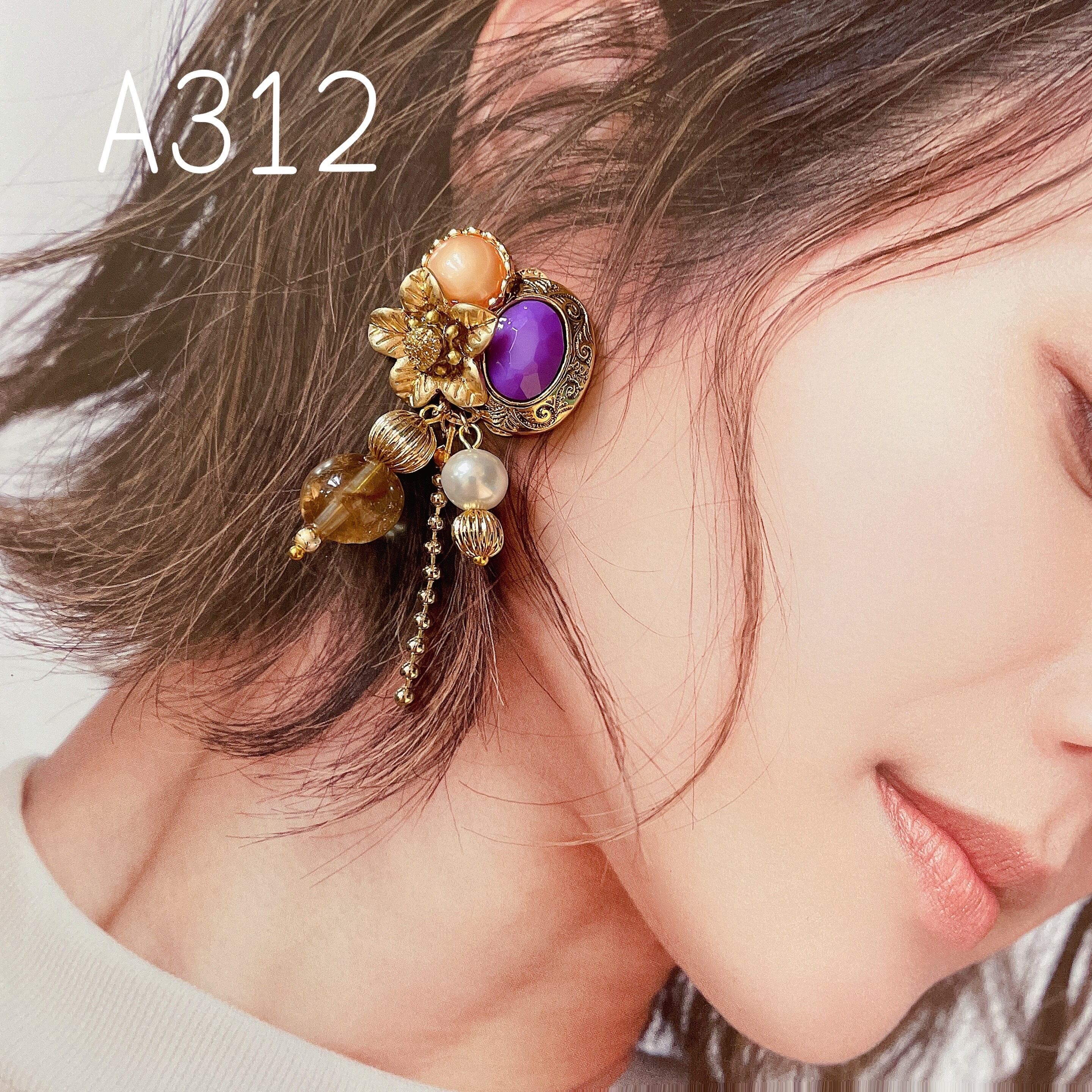 1059B 2way ゴールド ボタン 個性 ハンドメイド ピアス イヤリング