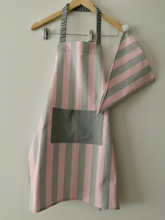 エプロン＆三角巾（高学年用）　ピンク×グレー