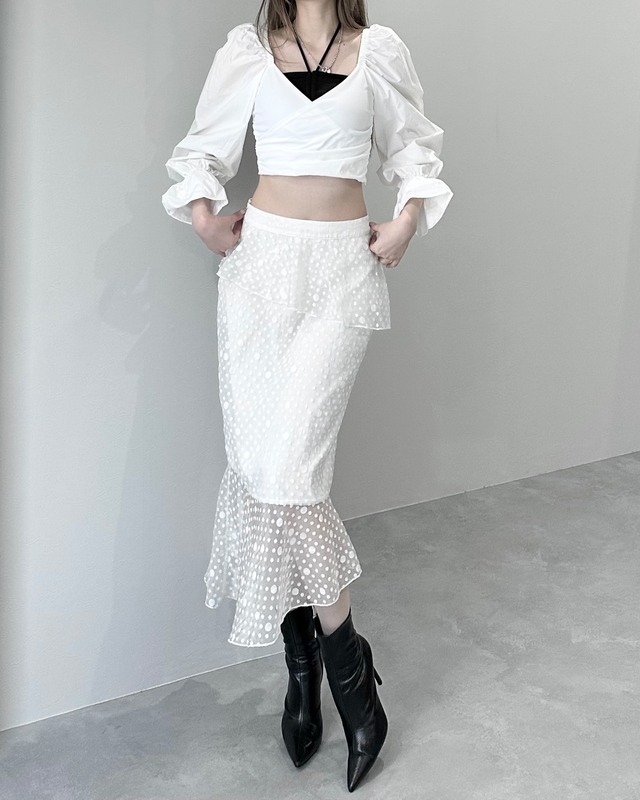 asymmetry sheer dot marmaid skirt / white