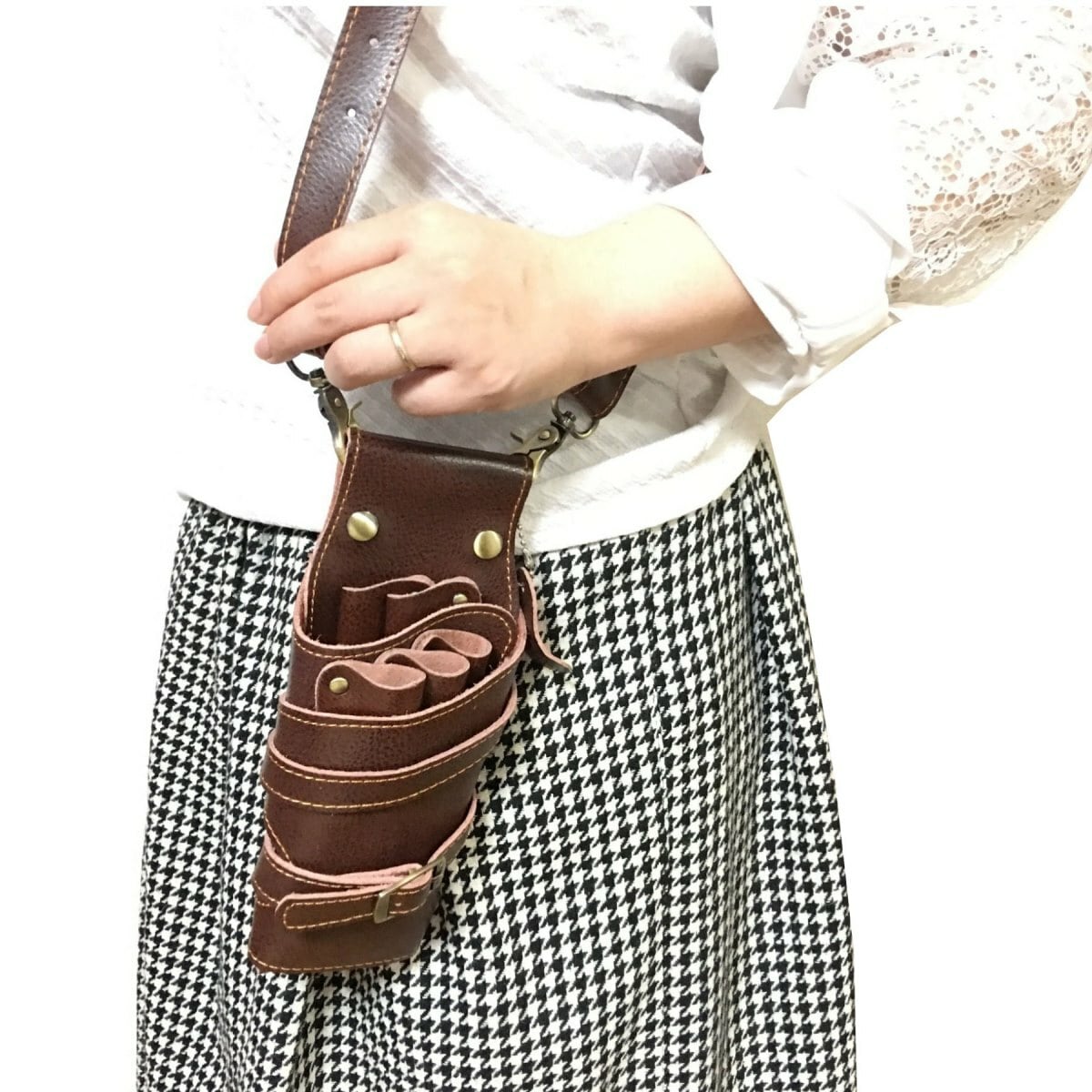 シザーケース ブラック 本革 牛革 本革ベルト付 ハサミ5丁 美容師