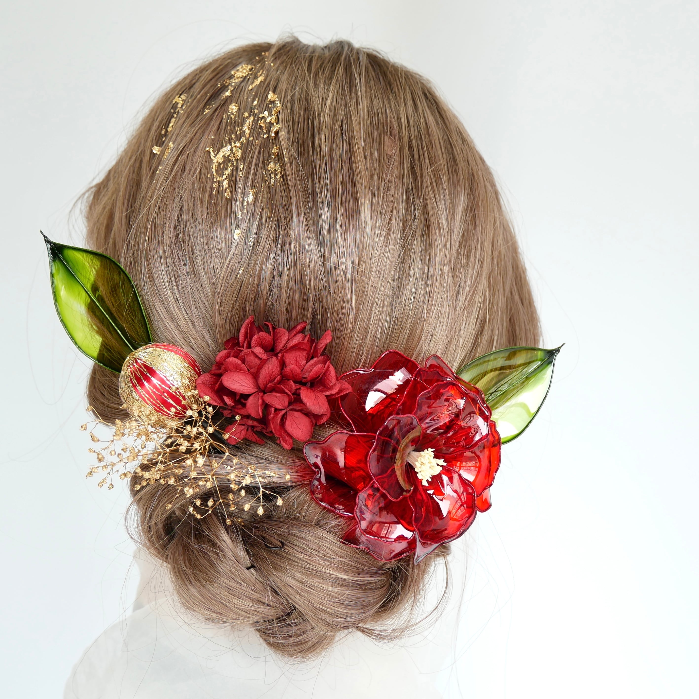 A002 アメリカンフラワー 髪飾り 椿 成人式 卒業式 結婚式 前撮り
