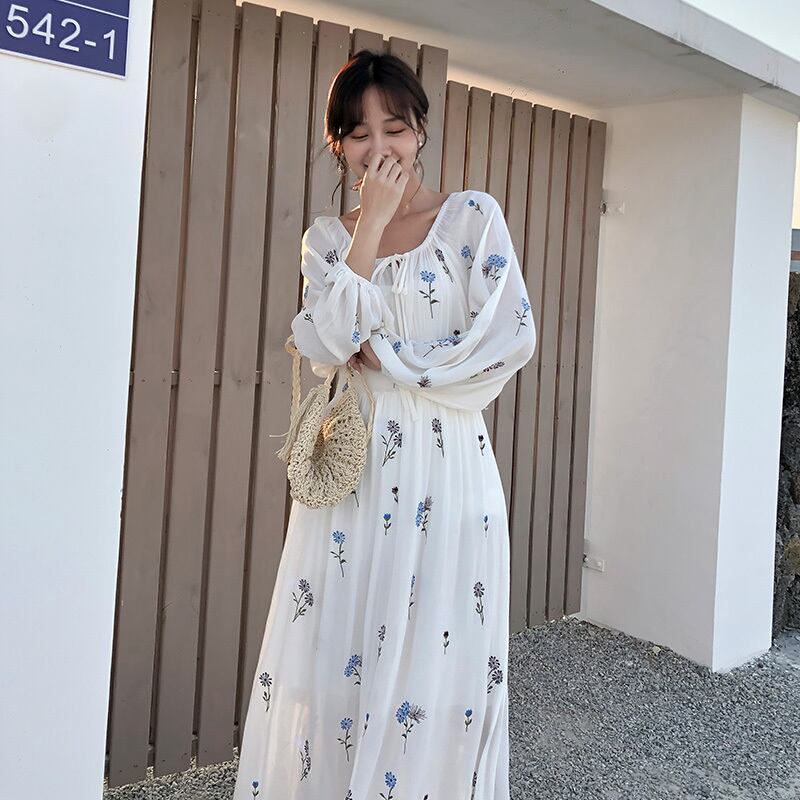 スタンダードホワイトロングスカート 刺繍ウェストボヘミアンエスニックスタイルドレス コットン レトロ 延命家ファッション7096268