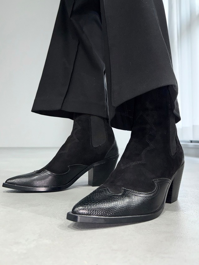 fake suède switching western heel boots / black