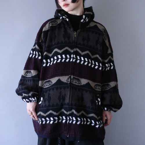 nordic pattern over silhouette zip-up hoodie ecuador knit