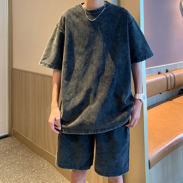 【予約販売】メンズ セットアップ 無地 シンプル 半袖 ハーフパンツ ブラック スエット ケミカル カジュアル 部屋着 カジュアル パンツ セット ジャージ ジム スポーティー ダンス ジム 韓国 トレンド 大きいサイズ M/L/XL/2XL