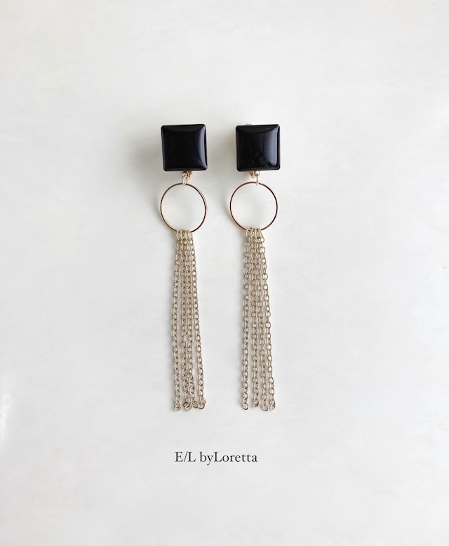 Color square chain tassel pierce/earring(Black) [cc]