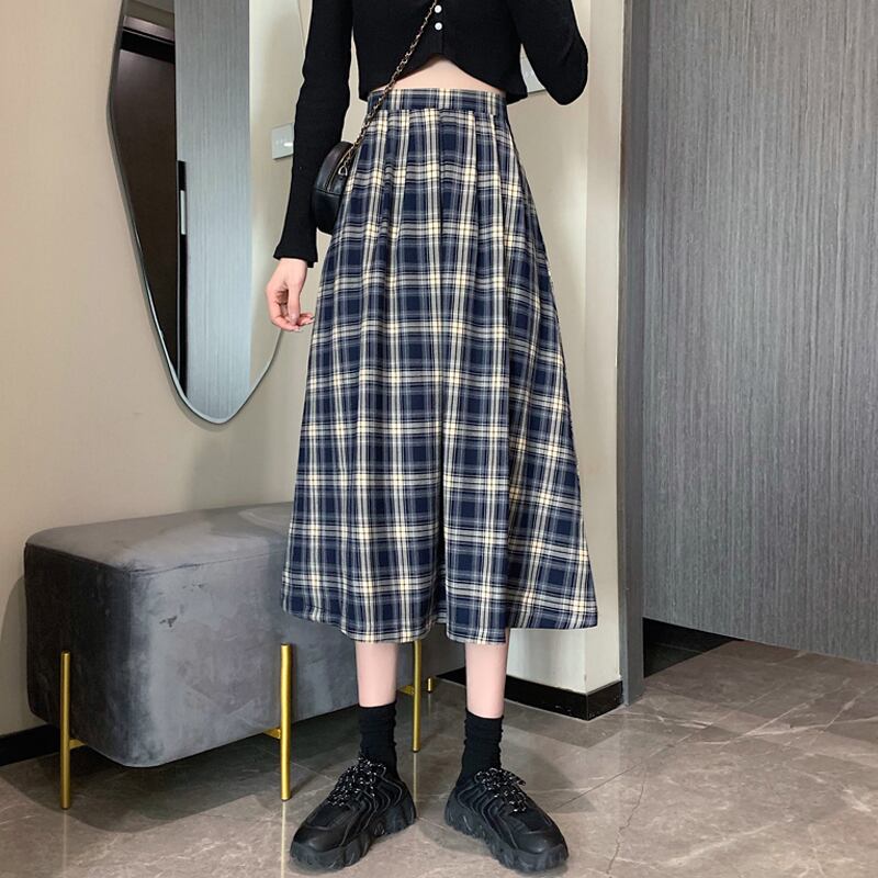 スタンダード格子柄スカート スプリングオータムハイウェストウェストAライン レトロ 春物 秋物 スーパーモール92437537160