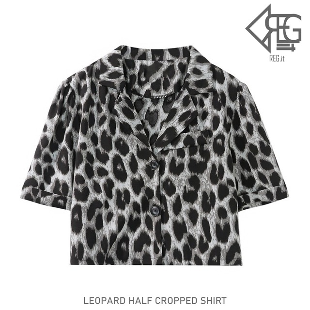 【REGIT】LEOPARD HALF CROPPED SHIRT S/S 韓国ファッション トップス クロップド 半袖 シャツ ブラウス レオパード アニマル柄 個性的 10代 20代 プチプラ 着回し 着映え ネット通販 TPB027