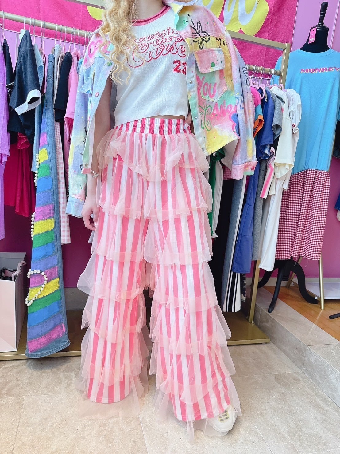 Pinkチュールフリルパンツ/韓国/レディースファッション/可愛い/おしゃれ/ラフ/カジュアル/可愛い/大人/女子(5-193)