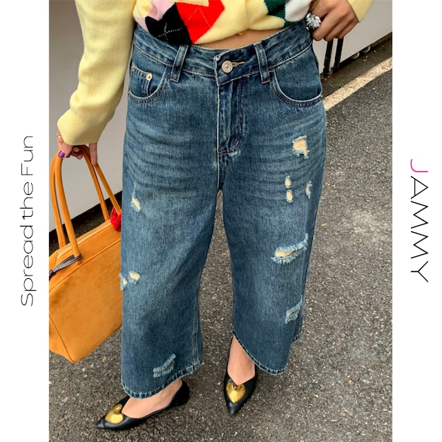 distressed wide-leg mid-rise denim pants J00153