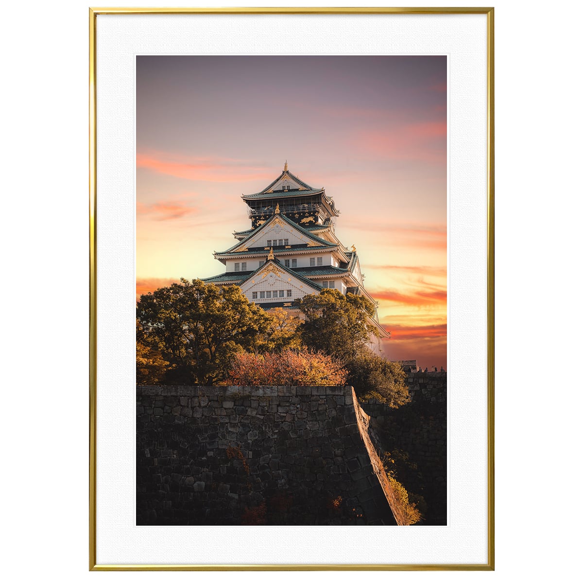 夕日写真 日本 夕陽に染まる大阪城 インテリアアートポスター額装
