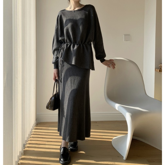 【set up】ドロストリボンプルオーバー & ライン ロングスカート 238407