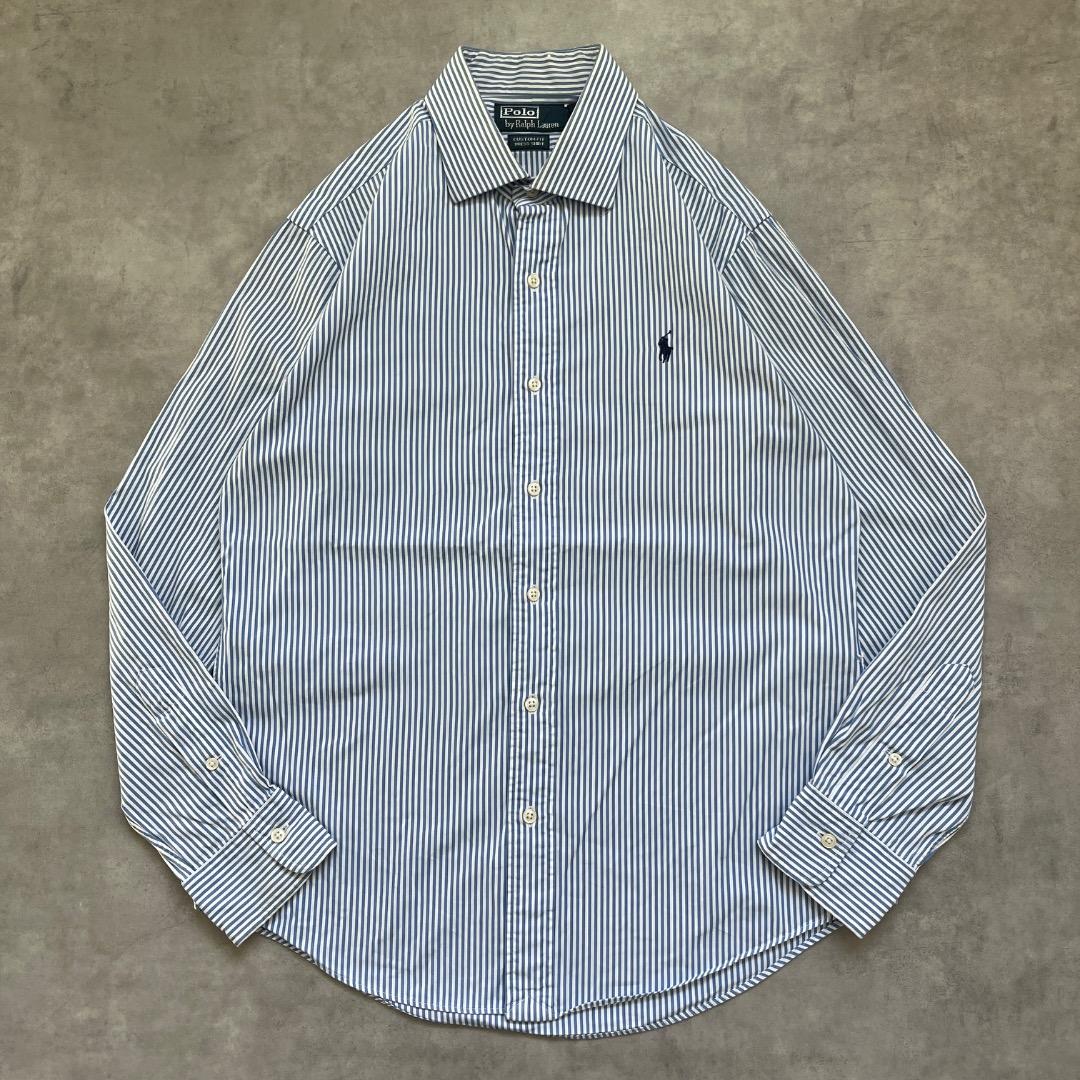 ポロバイ ラルフローレン ストライプシャツ 古着 刺繍 M 青 白 19029