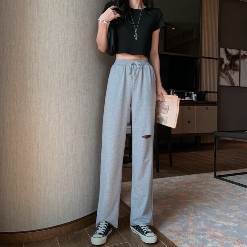 カジュアルパンツ スプリングオータム薄手ブラックハイウェストウェストルーズ 春物 秋物 1号婦人96304125414