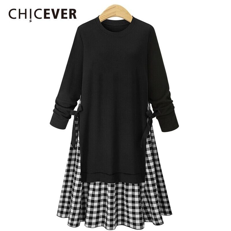 CHICEVERパッチワークチェック柄レディースドレスOネック長袖ボウレースアップフリルドレス特大服春 ロング リボン ラッフル スプリング 春物 6base561029054554