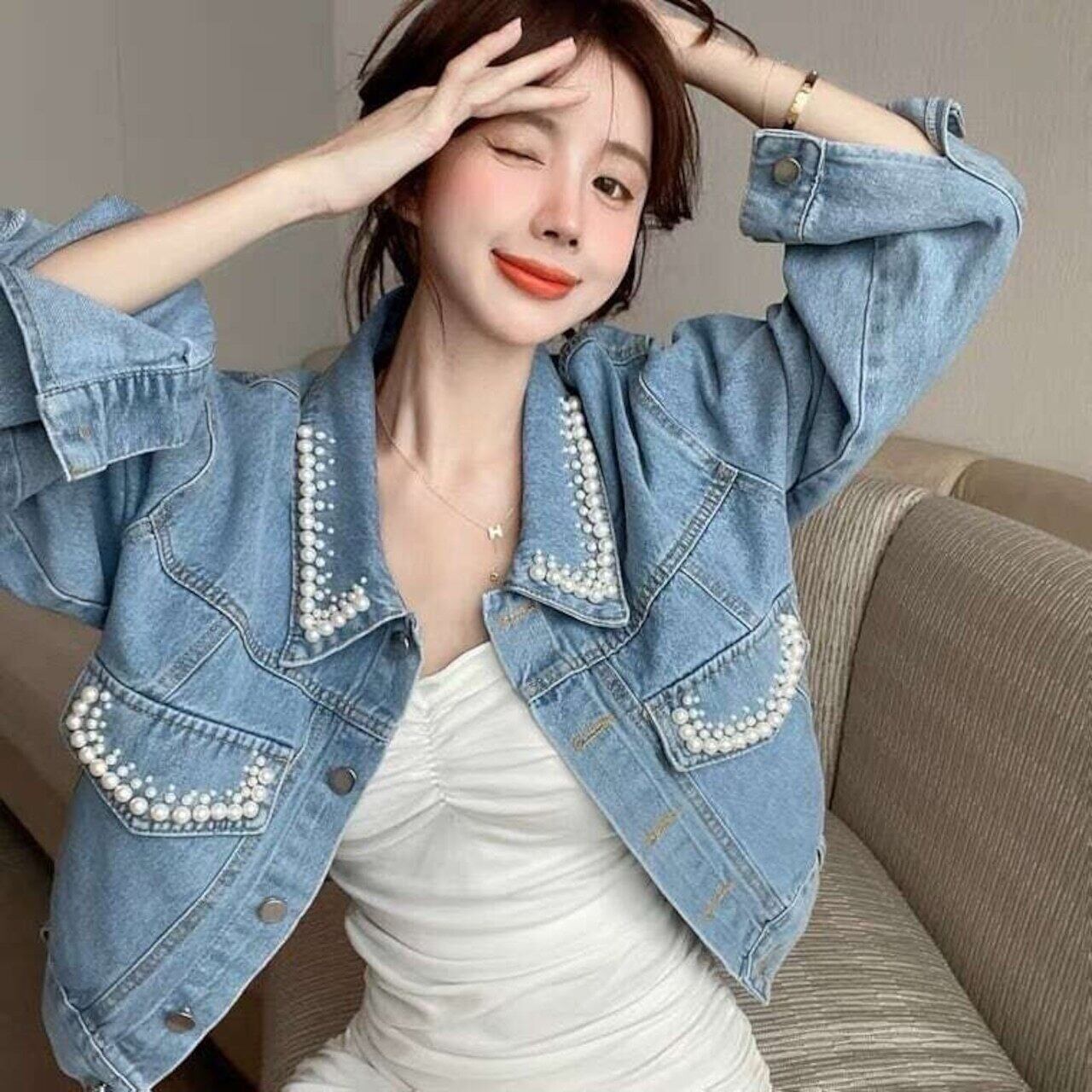 ♡パール デニム ジャケット♡ パール付きジャケット デニムジャケット