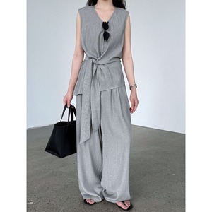 2SETノースリーブサイドリボンブラウス&ワイドパンツセットアップ T4068