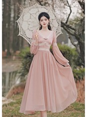 【0262】Pink Chiffon High Waist Long Sleeve Dress