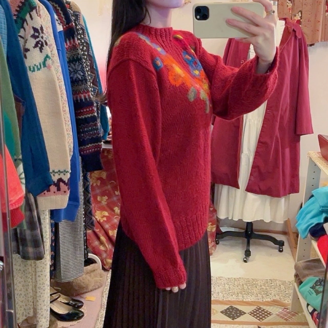 colorful flower bordeaux knit sweater