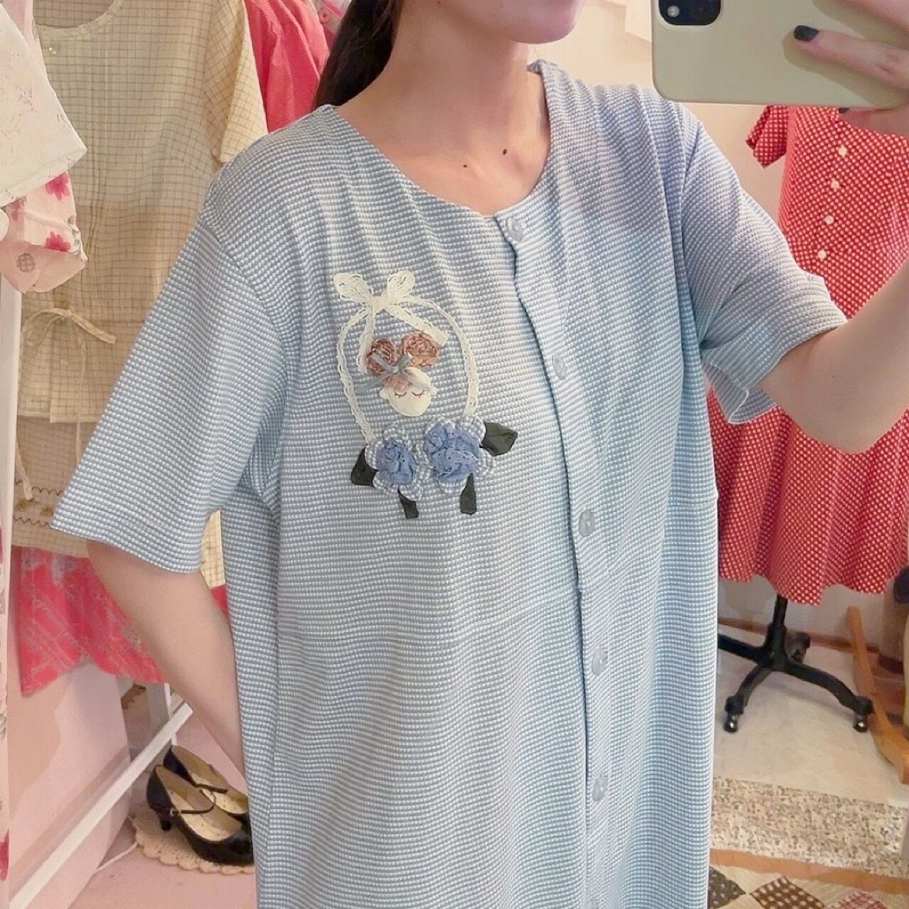 doll applique light blue one-piece