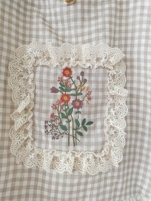 コットンチェックお花の刺繍トートバック　BA071