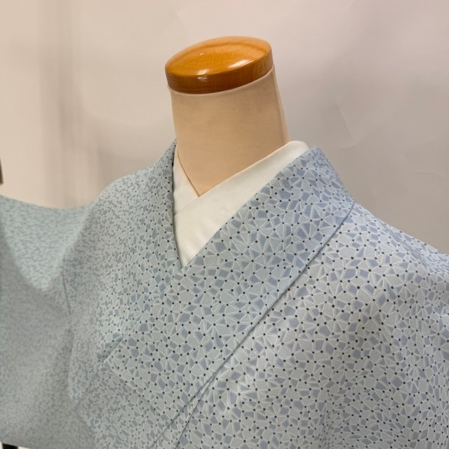 小紋 単衣 洗える着物 裄63.7cm 身丈157cm 花柄 お洒落着 普段着 ポリエステル グレー 美品 M サイズ 6587