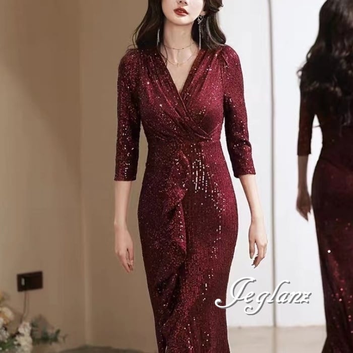 4色 パーティ イブニングドレス ラッフルフリル スリット入り ラメ 光沢感 7分袖(M8610)ζ