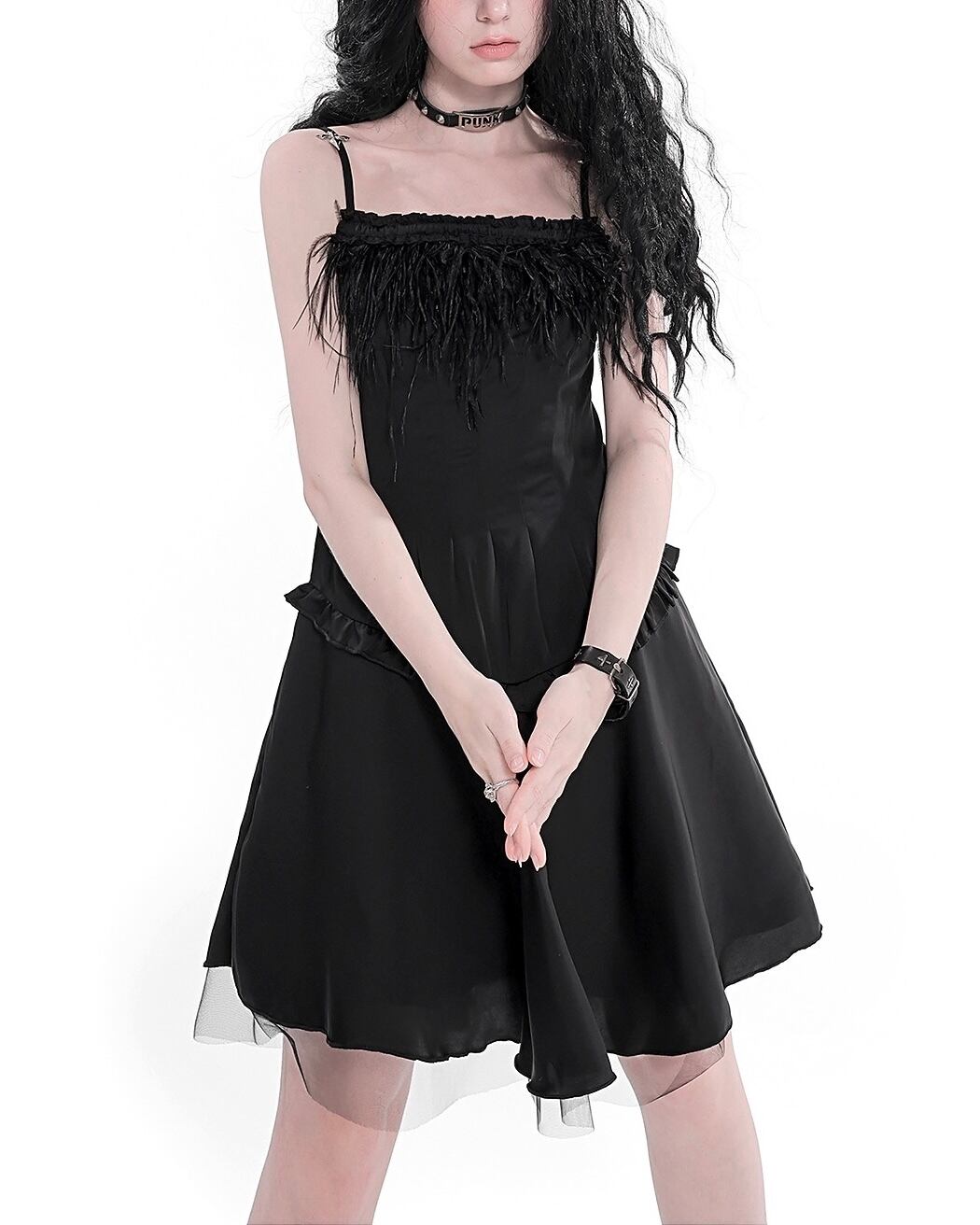 【予約】2c's feather front black cami mini one-piece dress