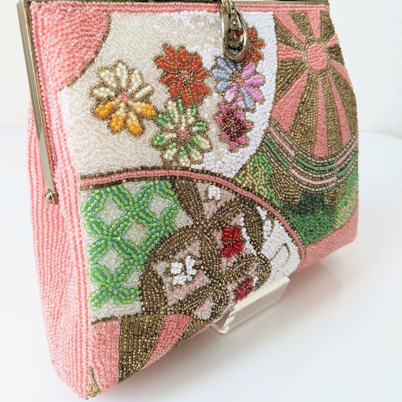 Vintage】ビーズ刺繍バッグ Beaded Bag ピンク 花車文様 パーティー 