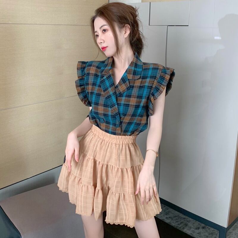 格子柄カラーシャツ ウェストAラインショートスカート 大人ガーリー スウィート キュート カジュアル ハンチェンe16044644550