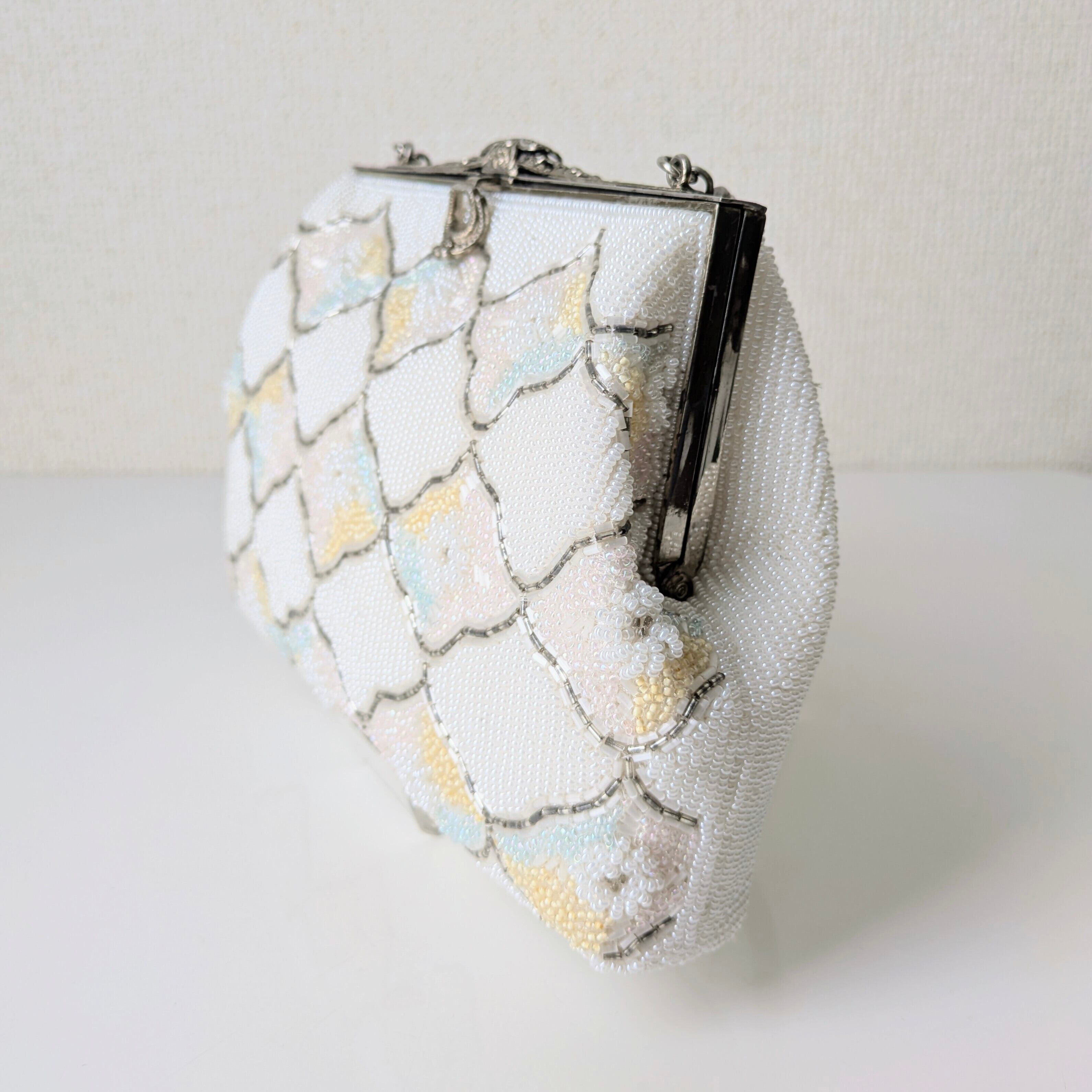 Vintage】ビーズ刺繍バッグ 白 菱形 パステルカラー 小花 パーティー
