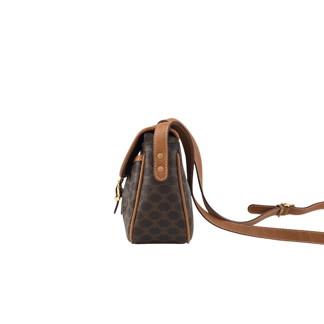 CELINE セリーヌ マカダム ショルダーバッグ ブラウン ブラゾン型押し PVCレザー フロントバックル vintage ヴィンテージ オールド 8vwf72