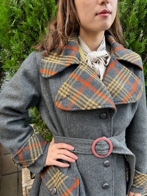 70's check gray coat with muffler& belt