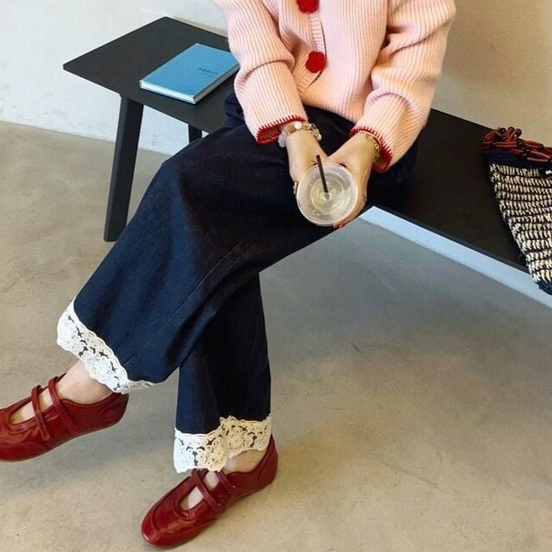 裾レースアップハイウエストデニム L0802