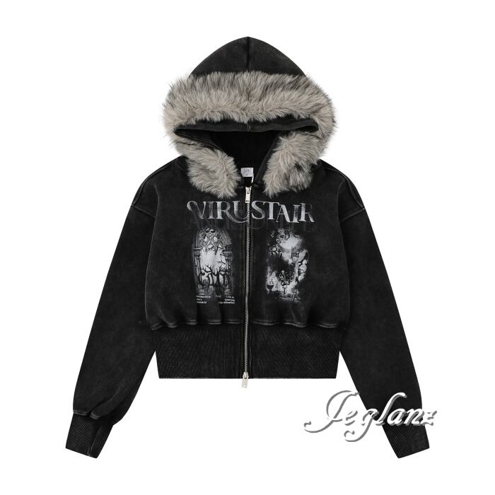 2色 パーカー フーディ ファー付 ジップ イラスト ユニセックス(MB680)σ,ς*