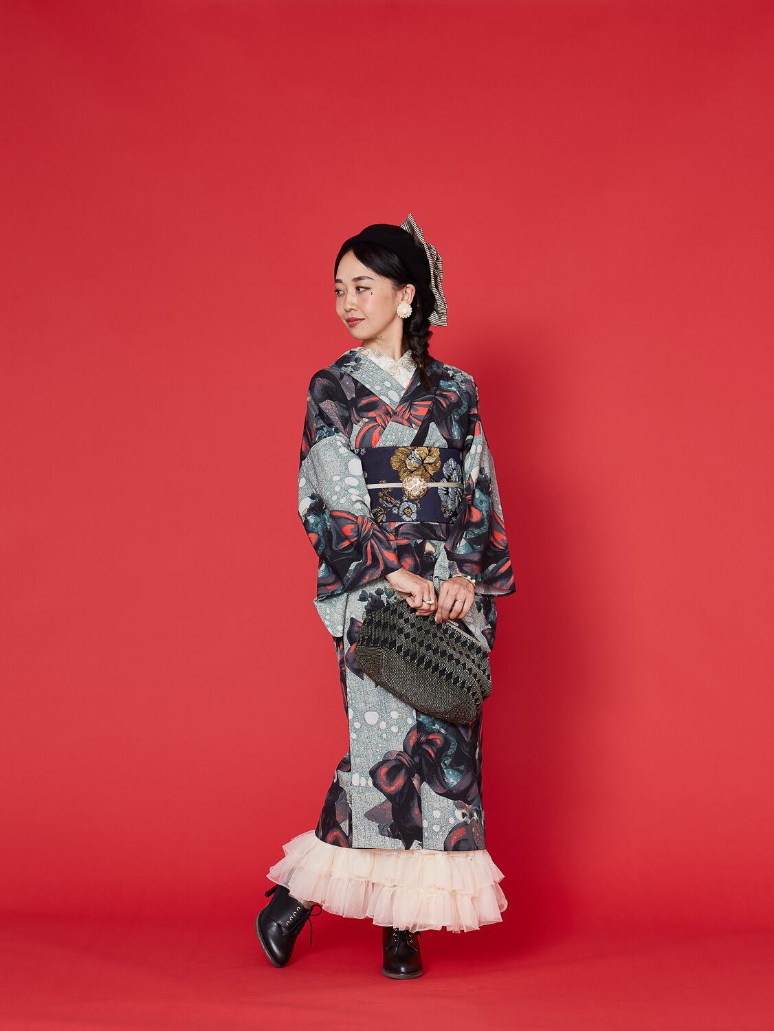 ジャガード織 ポリエステル名古屋帯 ネイビーフラワー柄 | 重宗玉緒