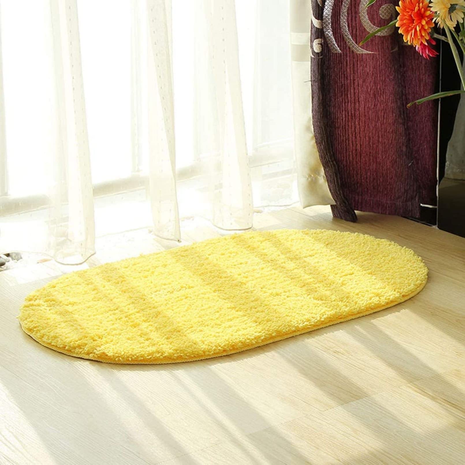 Manshyue 玄関マット 屋内 室内 洗える 楕円形 無地 45x65cm イエロー カーペット ラグマットお風呂マット バスマット 浴室マット 泥落とし 吸水 速乾 ふわふわ 滑り止め 抗菌消臭 かわいい おしゃれ