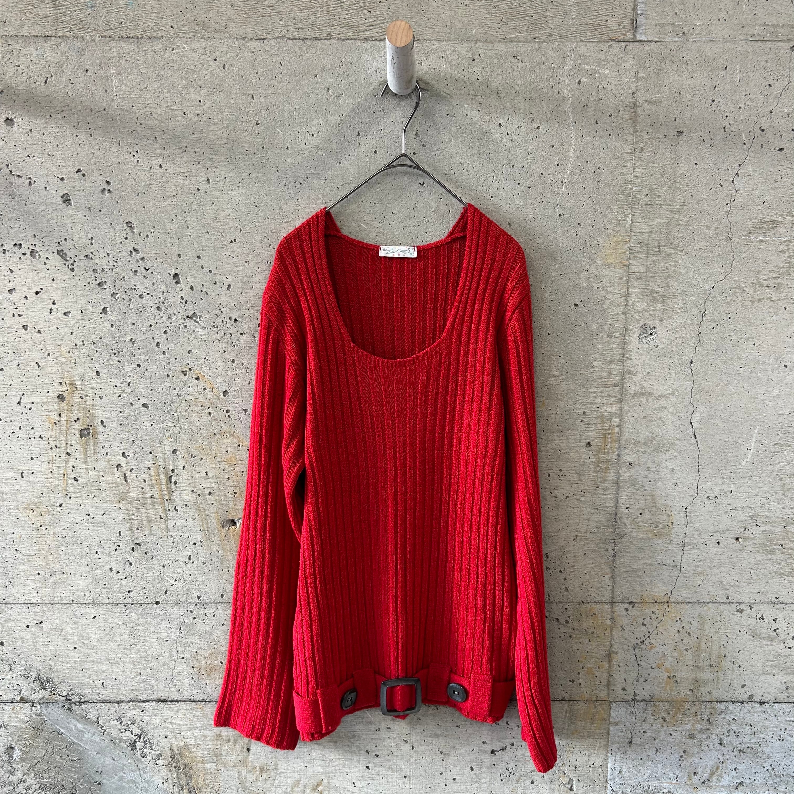 Red wide-neck knit top