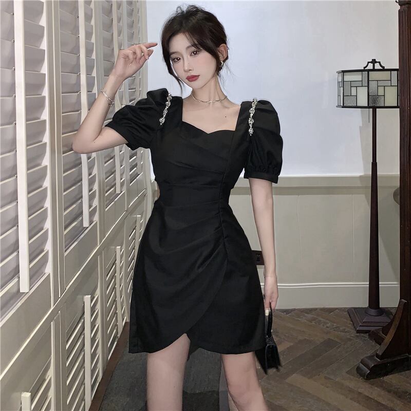 ドレス スタンダードブラックスリーブショートスカート サマー半袖 レトロ ハーフスリーブ 夏物 ブラックストロベリース57546223062