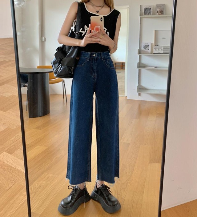 140cm〜　ローエッジデニムクロップドワイドレッグパンツ