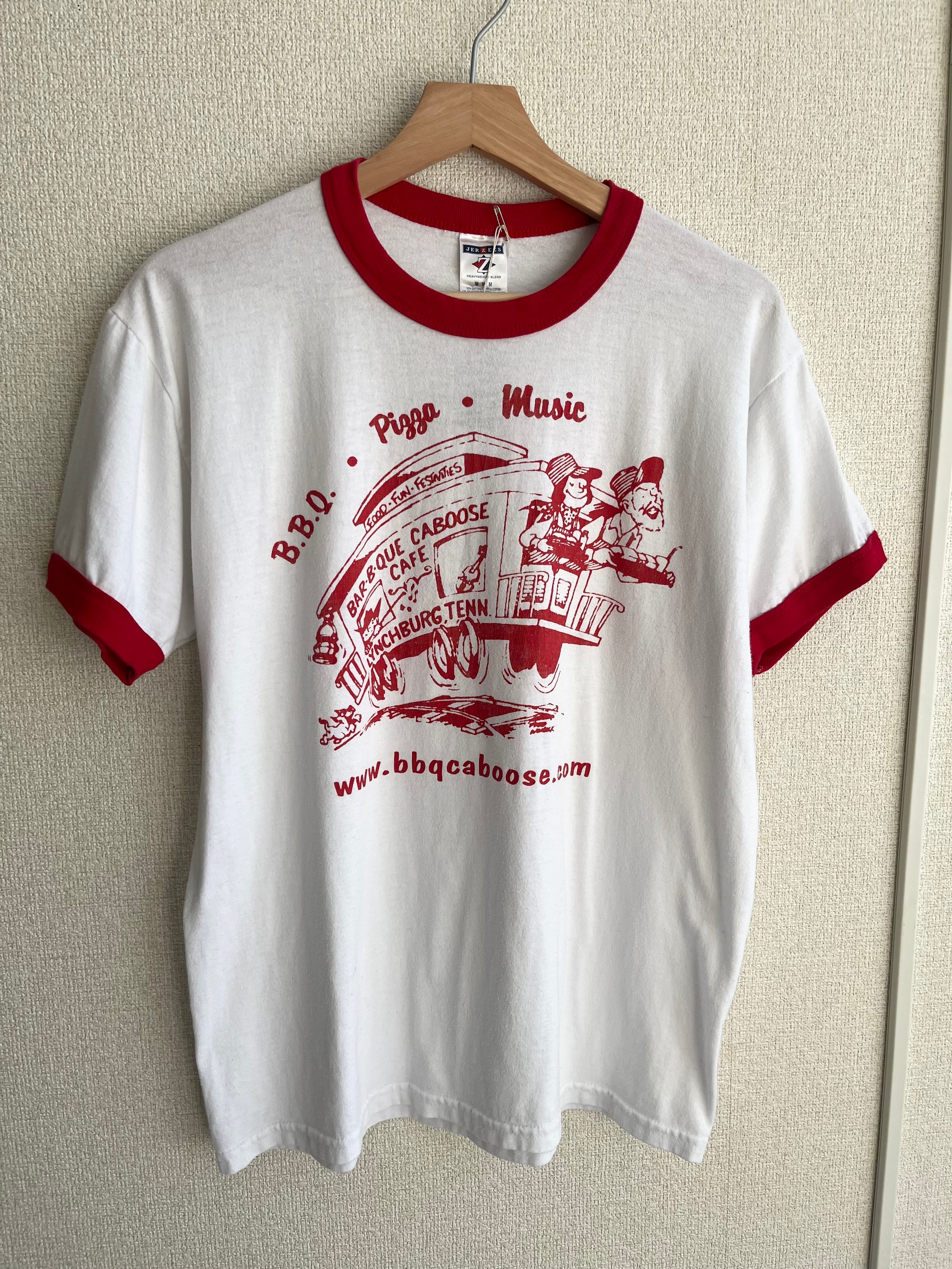 古着 90'S JERZEES リンガーT"BBQ.Pigga.Music"