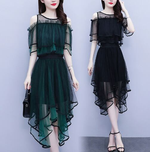 セットアップ 膝下 ミモレ丈 袖あり 半袖 五分袖 ラウンドネック オフショルダー 襟なし フレア シフォン ハイウエスト 透け感 シースルー 上下セット ツーピース きれいめ シンプル 上品 おしゃれ かっこいい 大人可愛い 大人女子 個性的 セクシー エレガント 主役級 存在感 無地 結婚式 二次会 披露宴 オケージョン 10代 20代 30代 40代 レディース 女性用 パーティー イベント モテ L XL 2XL 3XL 4XL 大きいサイズ ビッグサイズ 黒 ブラック 緑 グリーン 大人カラー