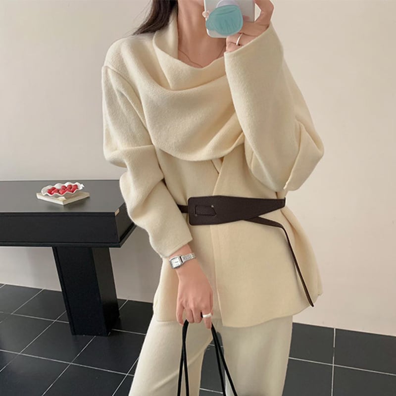 【set】ベルト付きニットトップス×ワイドパンツセット Q7058